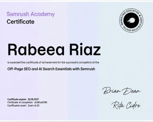 Semrush Academy Certificate - Rabeea Riaz